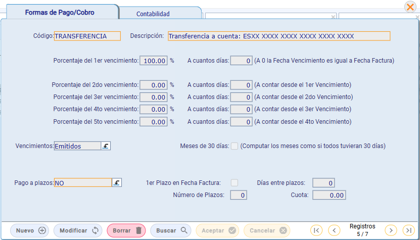 configuración de forma de pago