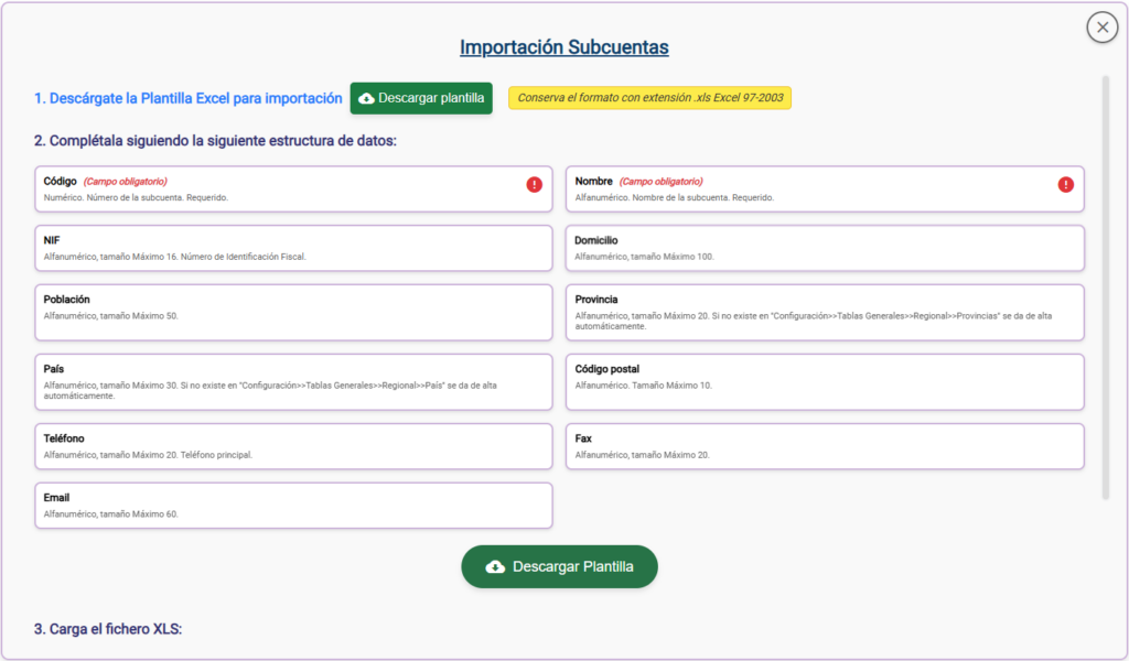 importación subcuentas contables